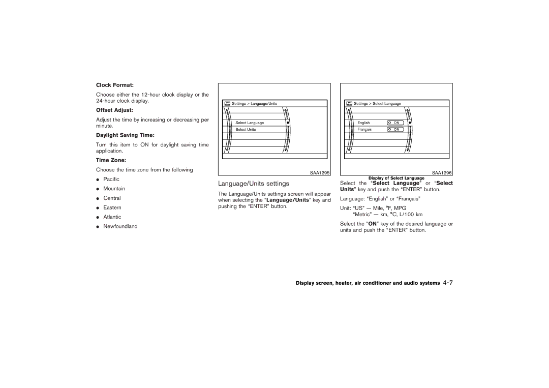 Nissan Z33-D owner manual Language/Units settings, Clock Format, Offset Adjust, Daylight Saving Time, Time Zone 