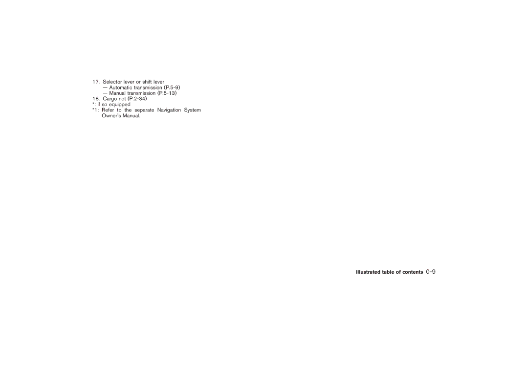 Nissan Z33-D owner manual Illustrated table of contents 