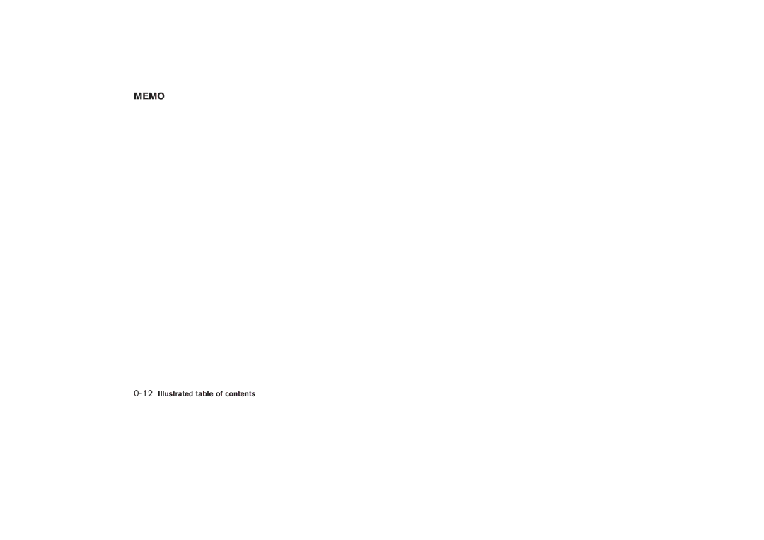 Nissan Z33-D owner manual Memo, 12Illustrated table of contents 