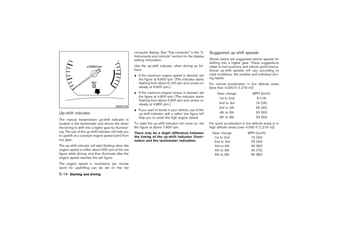 Nissan Z33-D owner manual Up-shift indicator, Suggested up-shift speeds, 14Starting and driving 