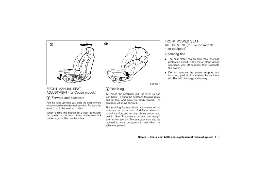 Nissan Z33-D owner manual Forward and backward, Reclining 