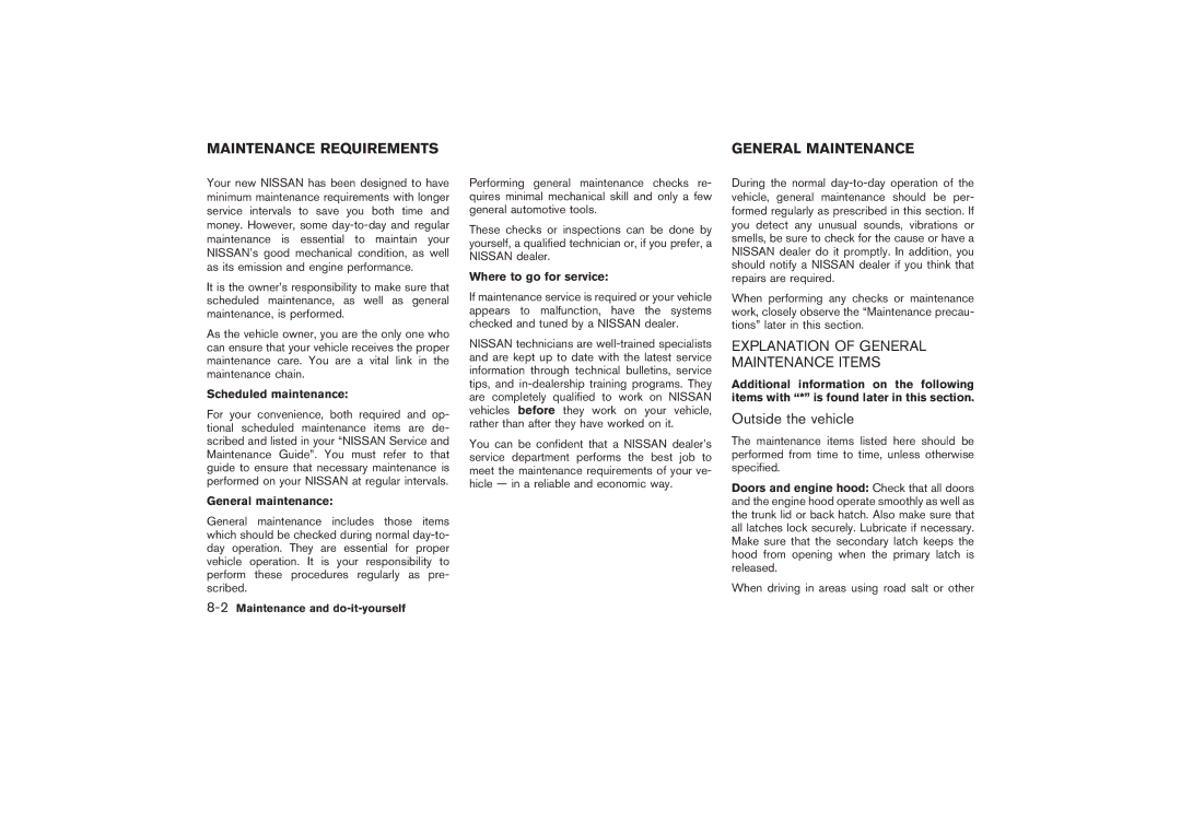 Nissan Z33-D Maintenance Requirements General Maintenance, Explanation of General Maintenance Items, Outside the vehicle 