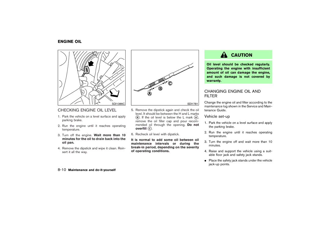 Nissan Z33-D Changing Engine OIL Filter, Checking Engine OIL Level, Vehicle set-up, 10Maintenance and do-it-yourself 