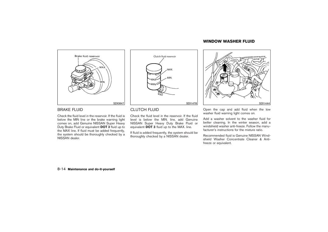 Nissan Z33-D owner manual Window Washer Fluid, Brake Fluid, Clutch Fluid, 14Maintenance and do-it-yourself 