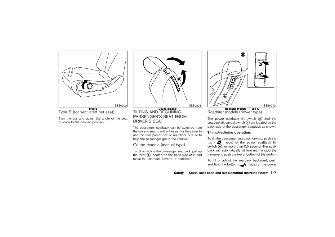 Nissan Z33-D owner manual Type B for ventilated net seat, Tilting and Reclining PASSENGER’S Seat from DRIVER’S Seat 