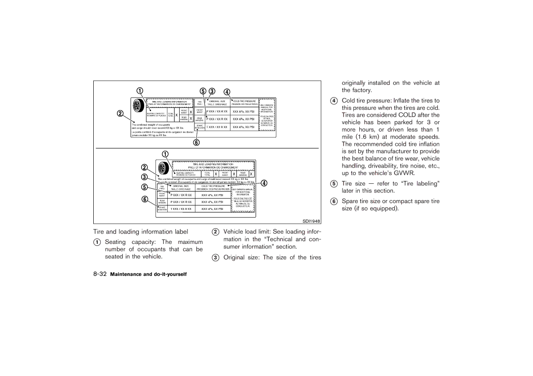 Nissan Z33-D owner manual Tire and loading information label, 32Maintenance and do-it-yourself 