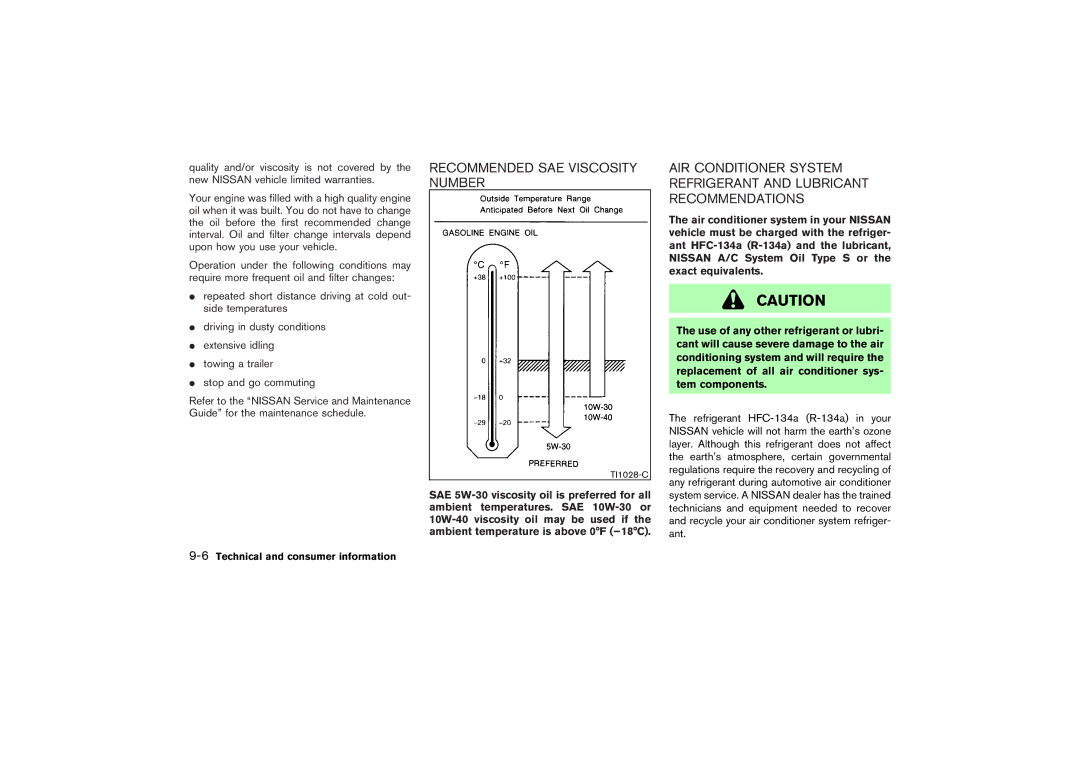 Nissan Z33-D owner manual Recommended SAE Viscosity Number, 6Technical and consumer information 