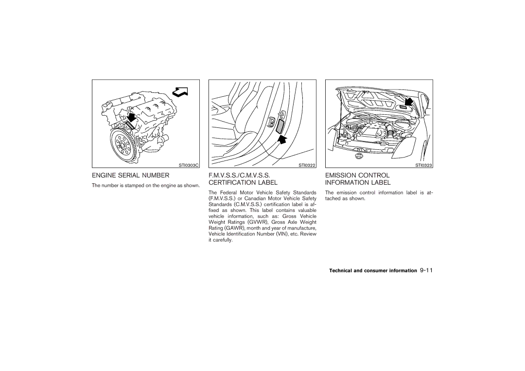 Nissan Z33-D owner manual Engine Serial Number, V.S.S./C.M.V.S.S, Certification Label, Emission Control Information Label 