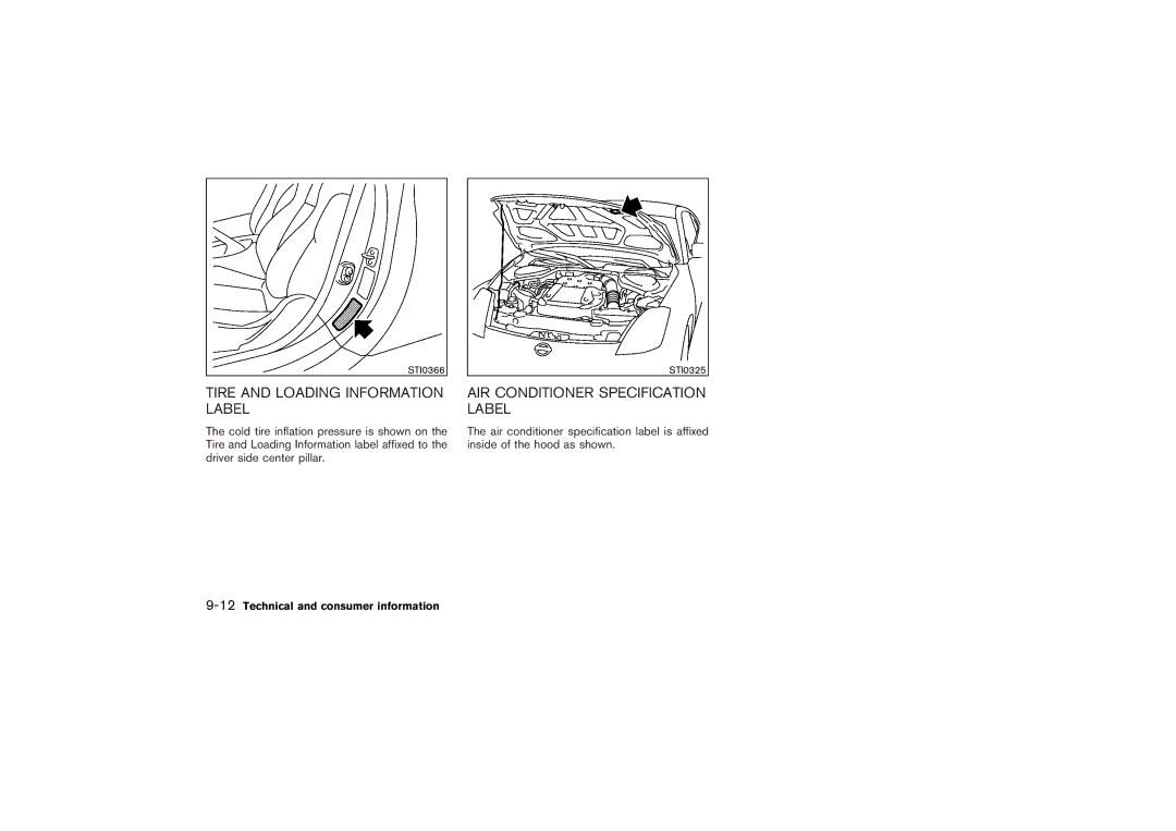 Nissan Z33-D Tire and Loading Information Label, AIR Conditioner Specification Label, 12Technical and consumer information 