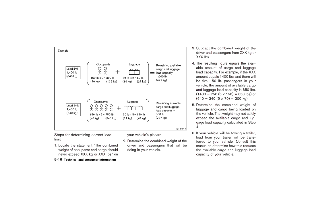 Nissan Z33-D owner manual Steps for determining correct load limit, 16Technical and consumer information 