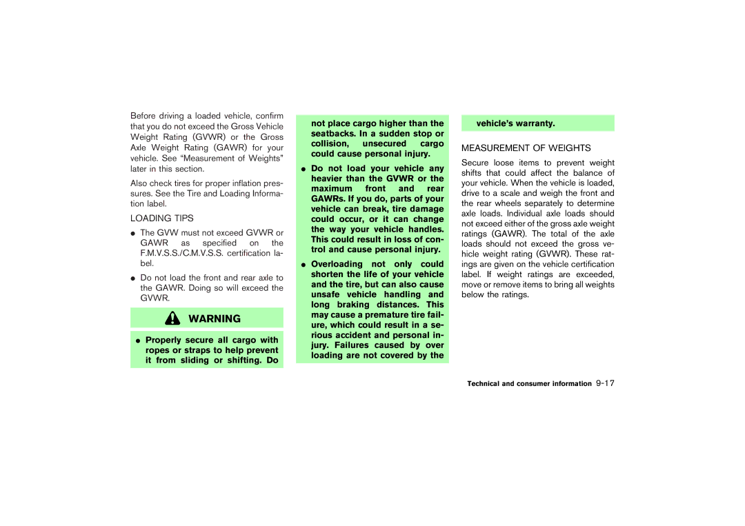 Nissan Z33-D owner manual Loading Tips, Measurement of Weights 