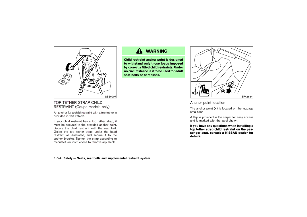 Nissan Z33-D owner manual Anchor point location, TOP Tether Strap Child Restraint Coupe models only 