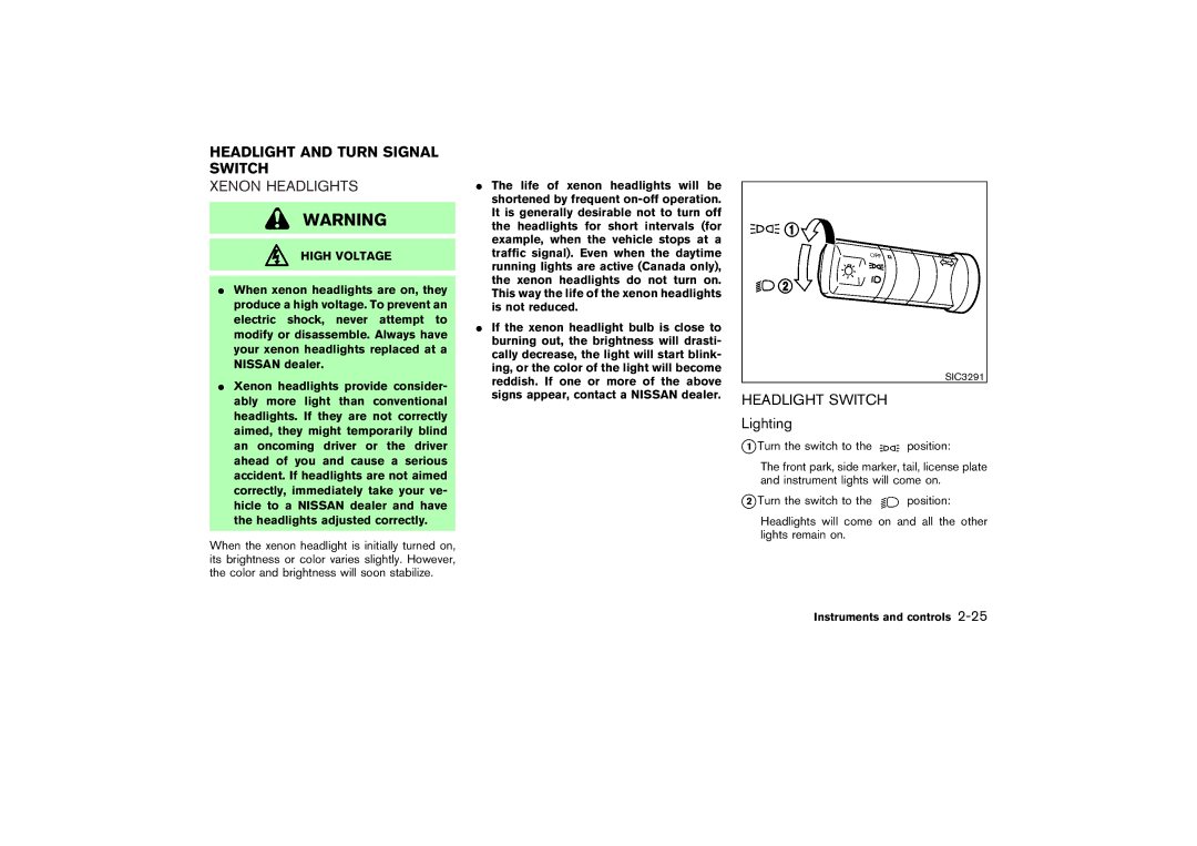 Nissan Z33-D owner manual Headlight and Turn Signal Switch, Xenon Headlights, Headlight Switch, Lighting 