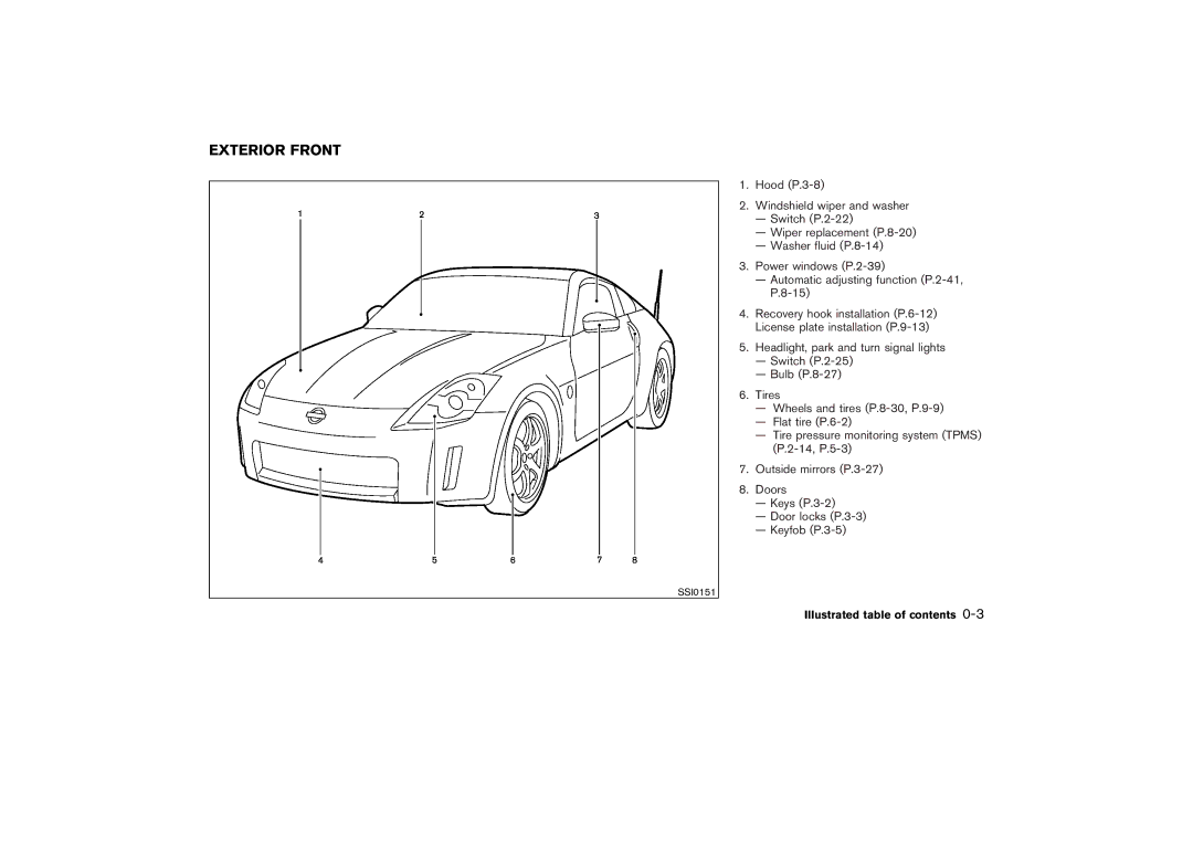 Nissan Z33-D owner manual Exterior Front, Illustrated table of contents 