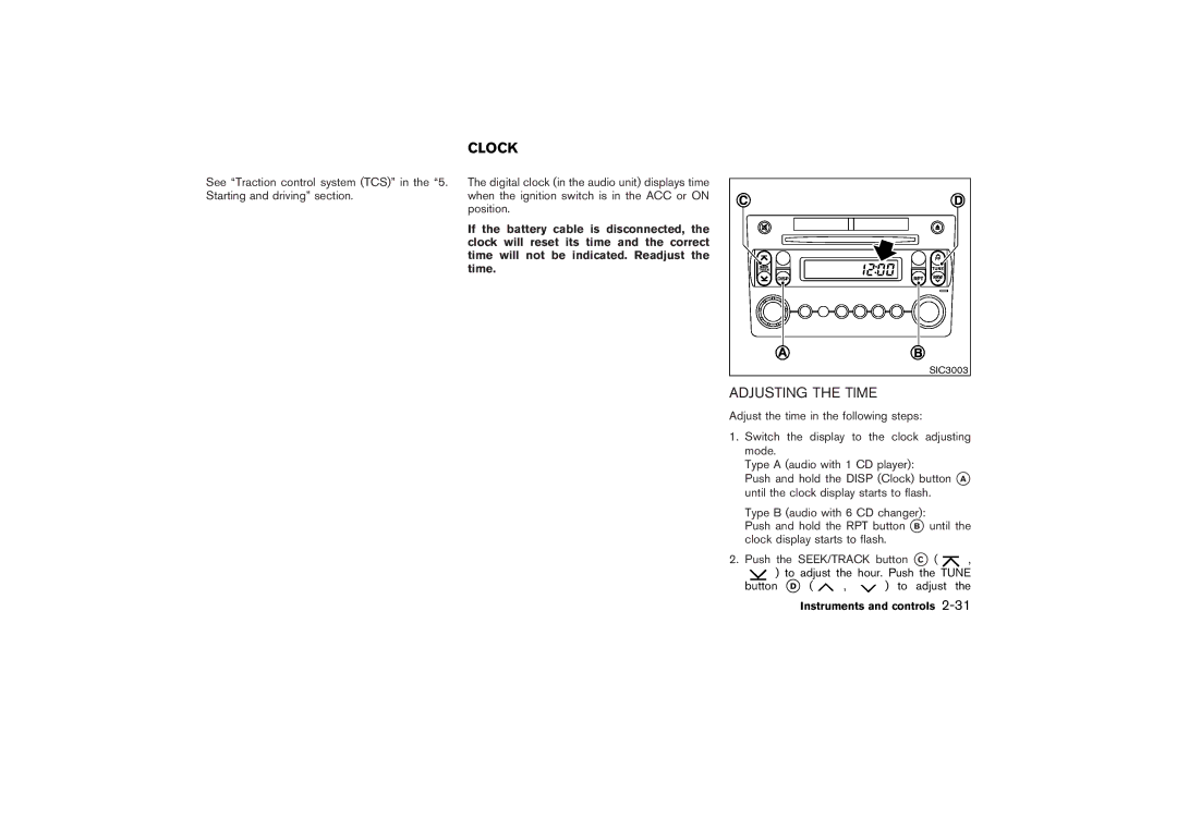 Nissan Z33-D owner manual Clock, Adjusting the Time 