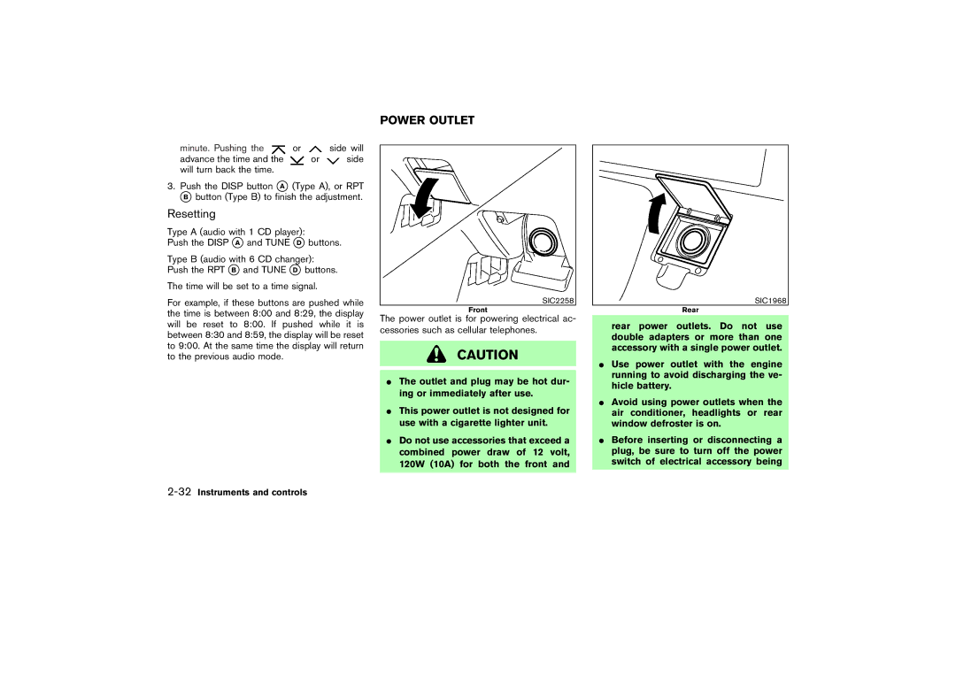 Nissan Z33-D owner manual Resetting, Power Outlet, 32Instruments and controls 