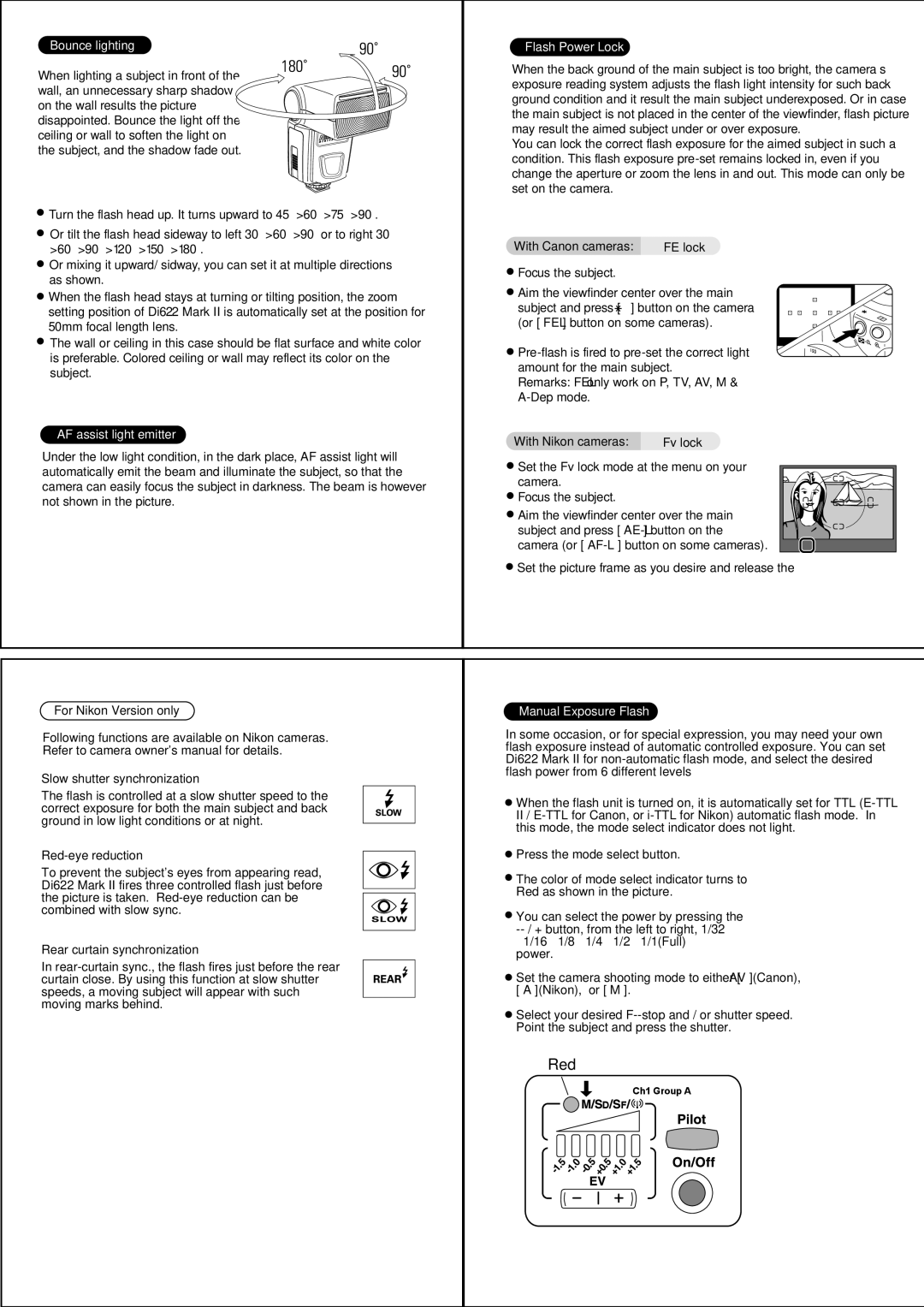 Nissin DI622 manual Bounce lighting, AF assist light emitter, Flash Power Lock, Manual Exposure Flash 