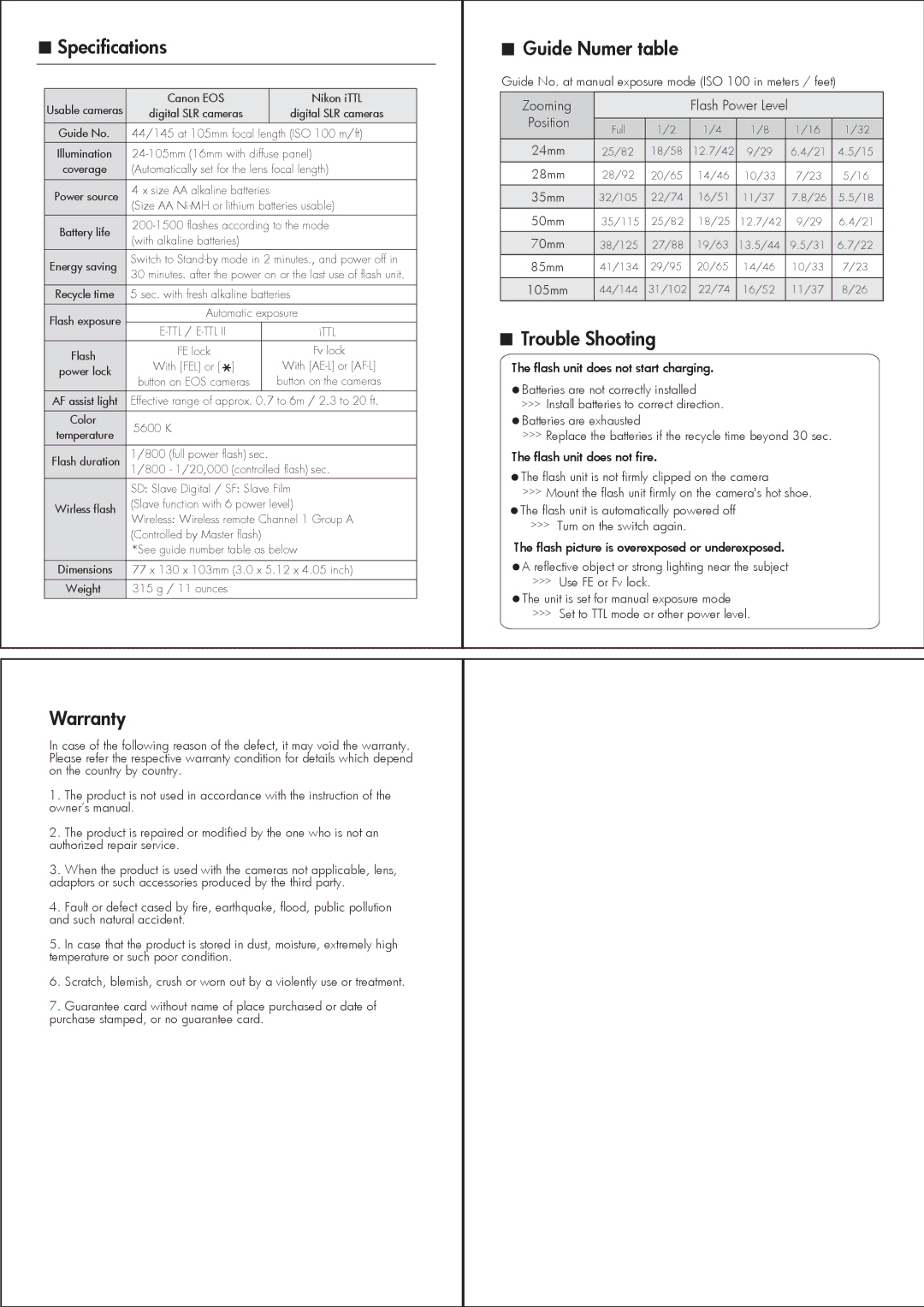 Nissin DI622 manual Specifications, Guide Numer table, Trouble Shooting, Warranty 