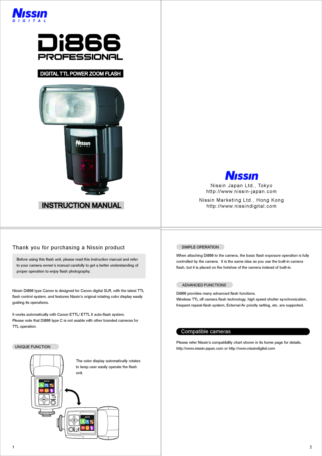 Nissin Di866 manual Digital TTL Power Zoom Flash, Unique Function, Simple Operation, Advanced Functions 