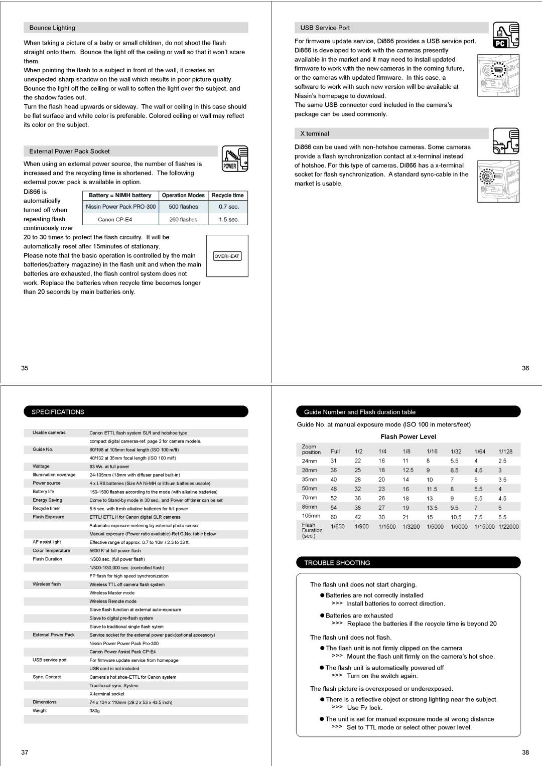 Nissin Di866 manual Continuously over, Guide Number and Flash duration table, Flash Power Level 