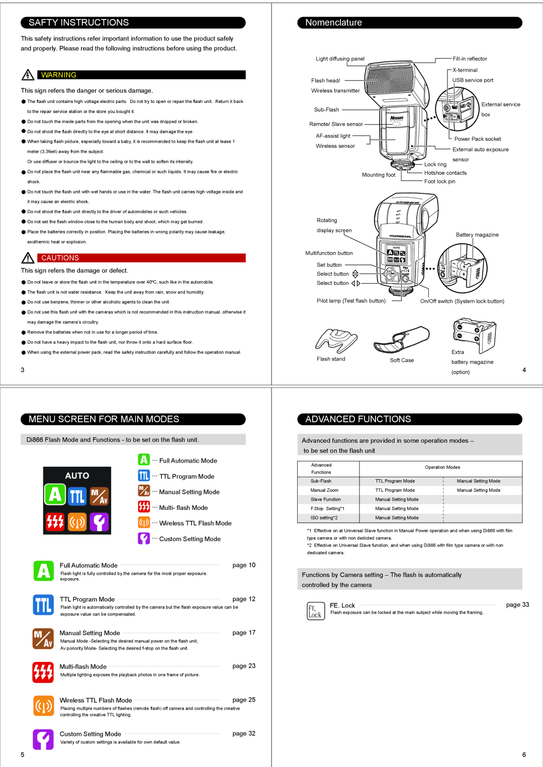 Nissin Di866 manual Safty Instructions, Menu Screen for Main Modes, Advanced Functions, FE. Lock 