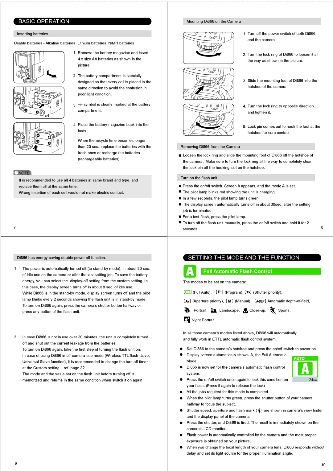 Nissin Di866 manual Basic Operation, Setting the Mode and the Function, Full Automatic Flash Control 