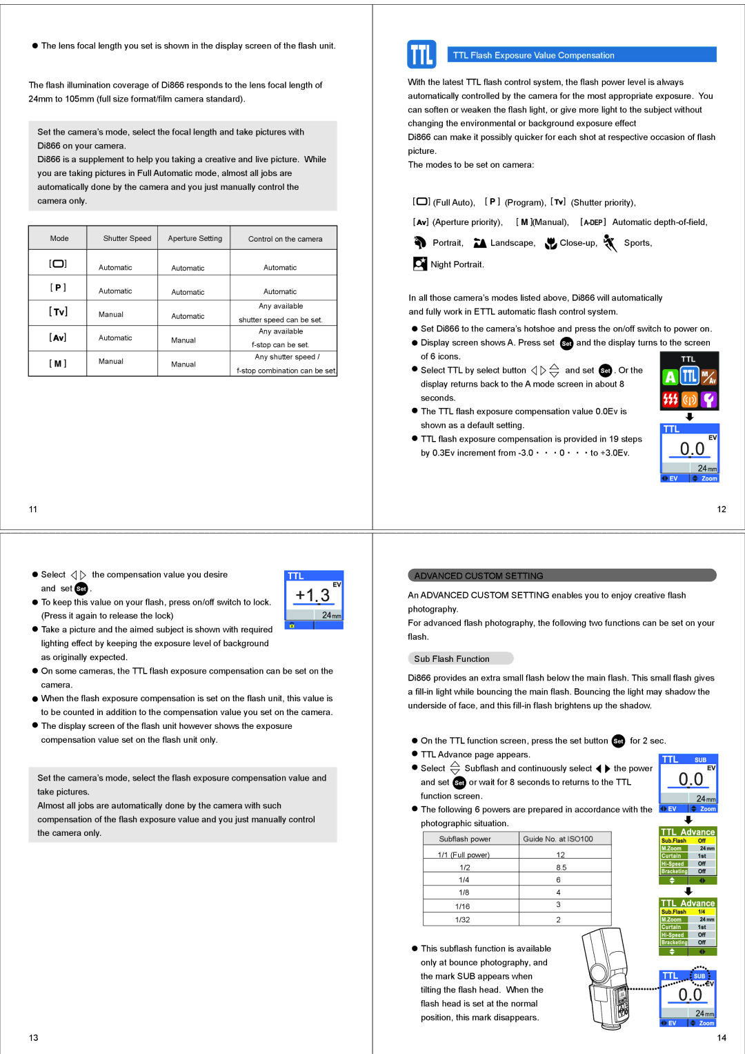 Nissin Di866 manual TTL Flash Exposure Value Compensation, Press it again to release the lock, Advanced Custom Setting 