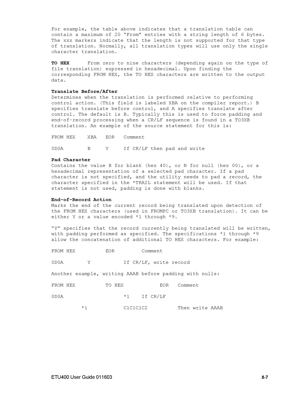 Nlynx ETU400 manual Translate Before/After, Pad Character, End-of-Record Action 