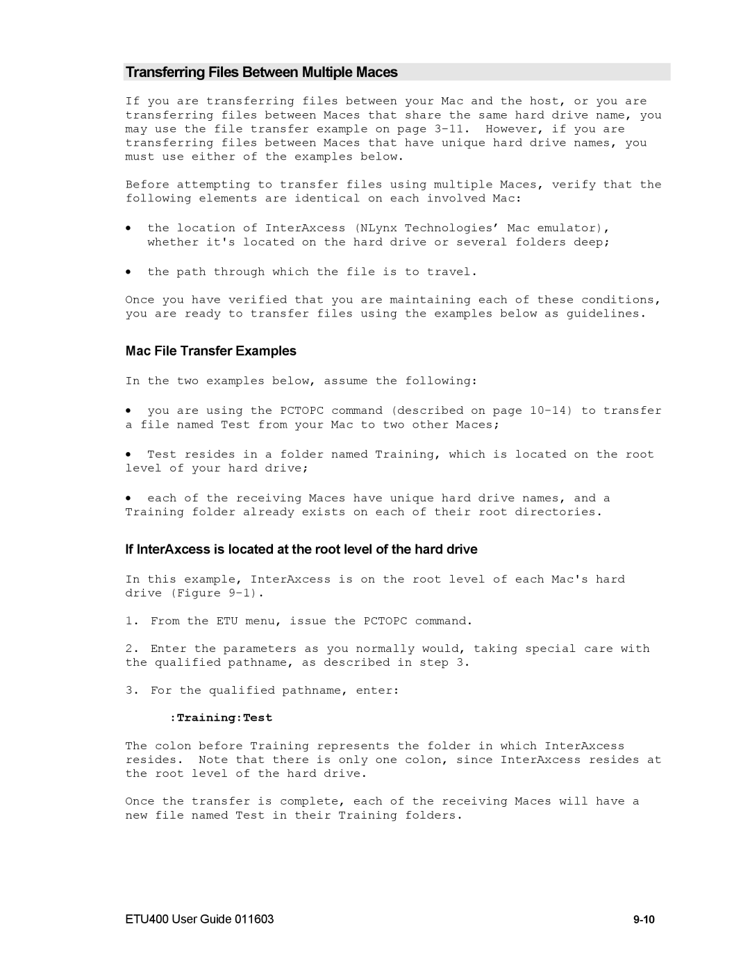 Nlynx ETU400 manual Transferring Files Between Multiple Maces, Mac File Transfer Examples, TrainingTest 