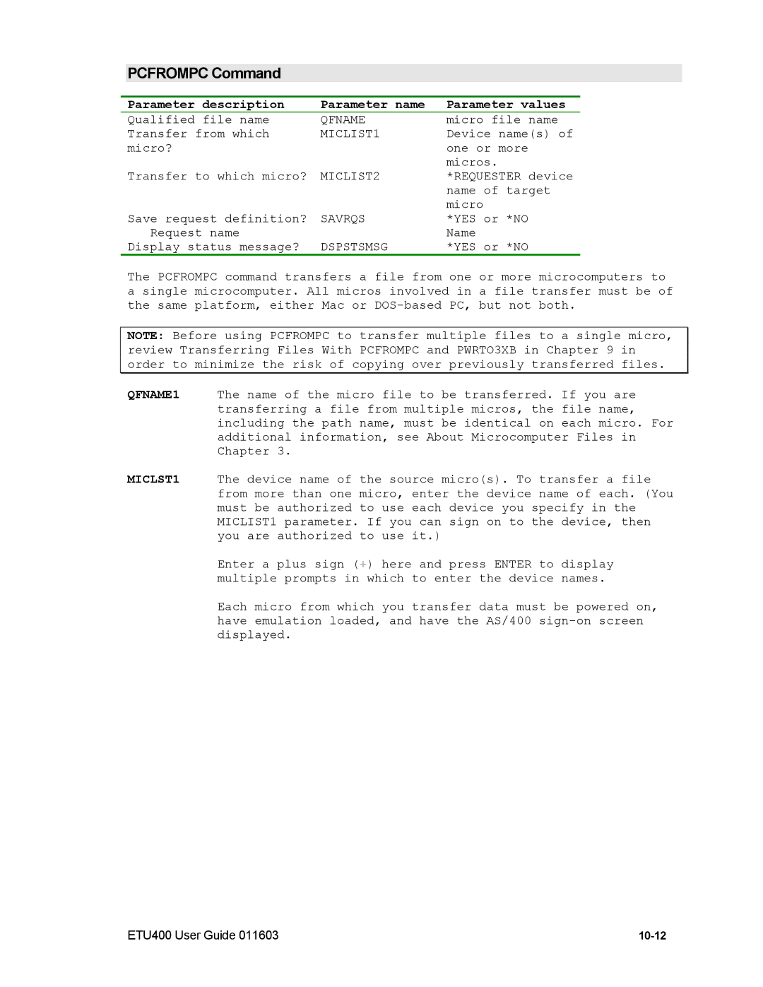 Nlynx ETU400 manual Pcfrompc Command, MICLIST1, MICLIST2 