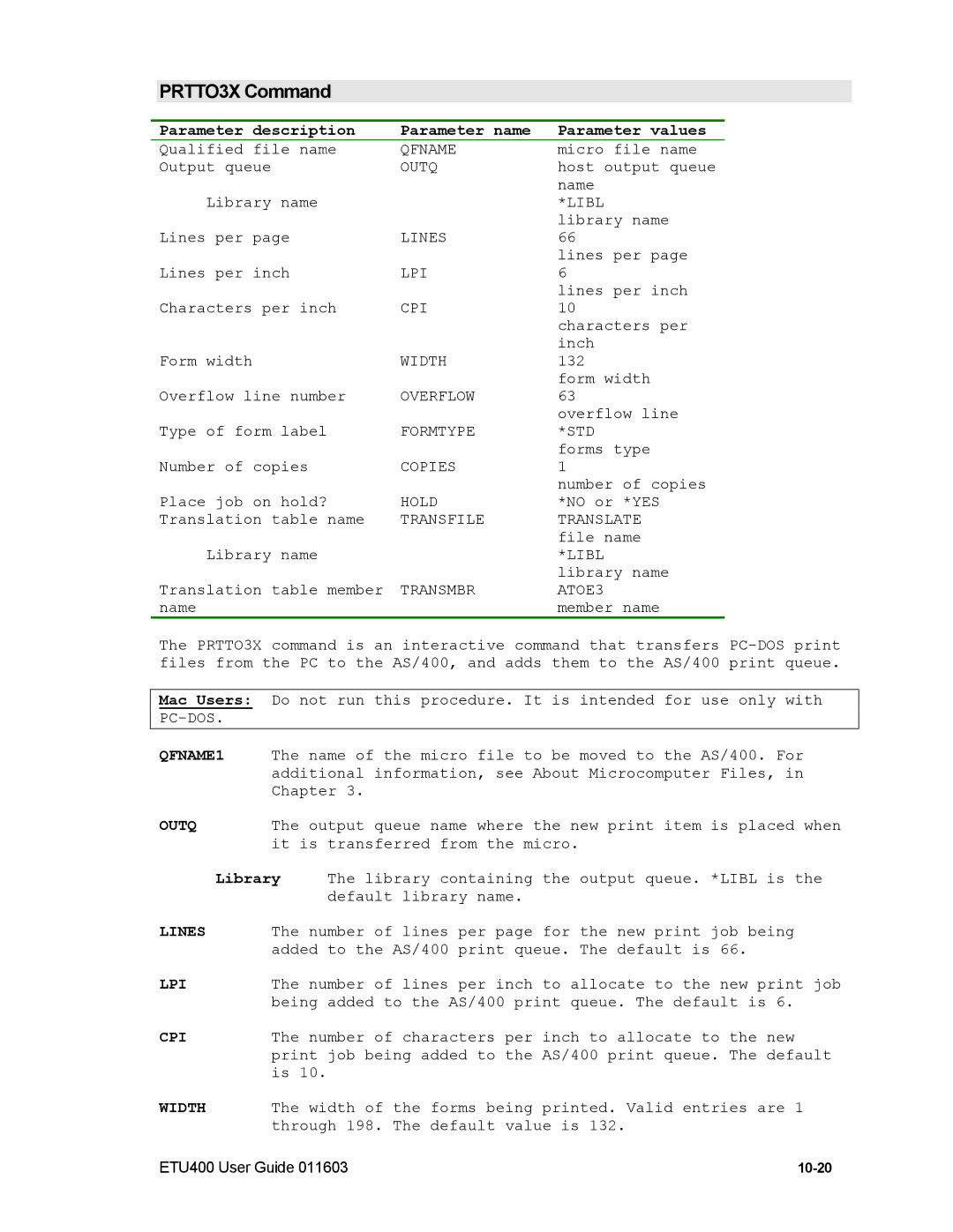 Nlynx ETU400 manual PRTTO3X Command 