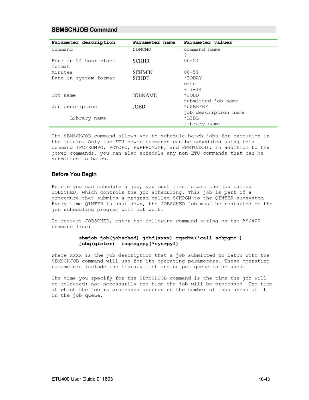 Nlynx ETU400 manual Sbmschjob Command, Before You Begin, Sbmcmd, Today 