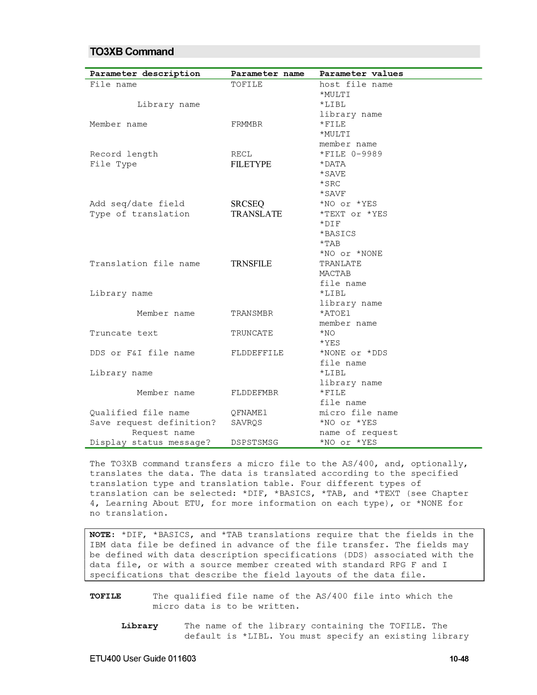 Nlynx ETU400 manual TO3XB Command, Truncate, Flddeffile YES 