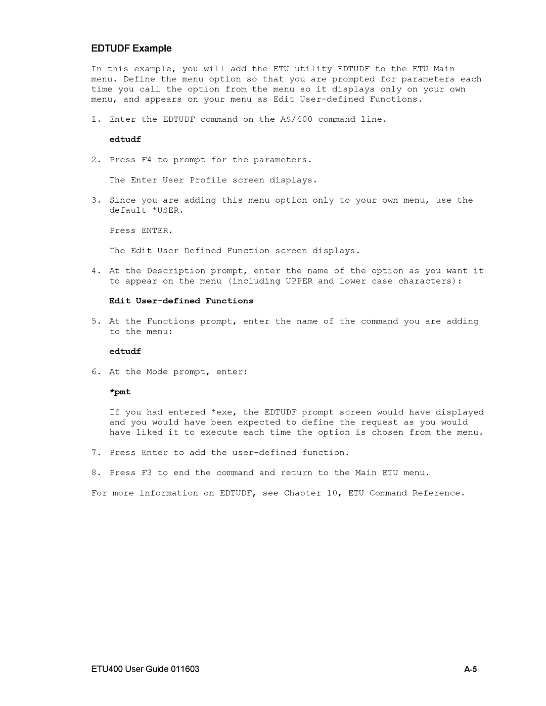 Nlynx ETU400 manual Edtudf Example, Edit User-defined Functions, Pmt 