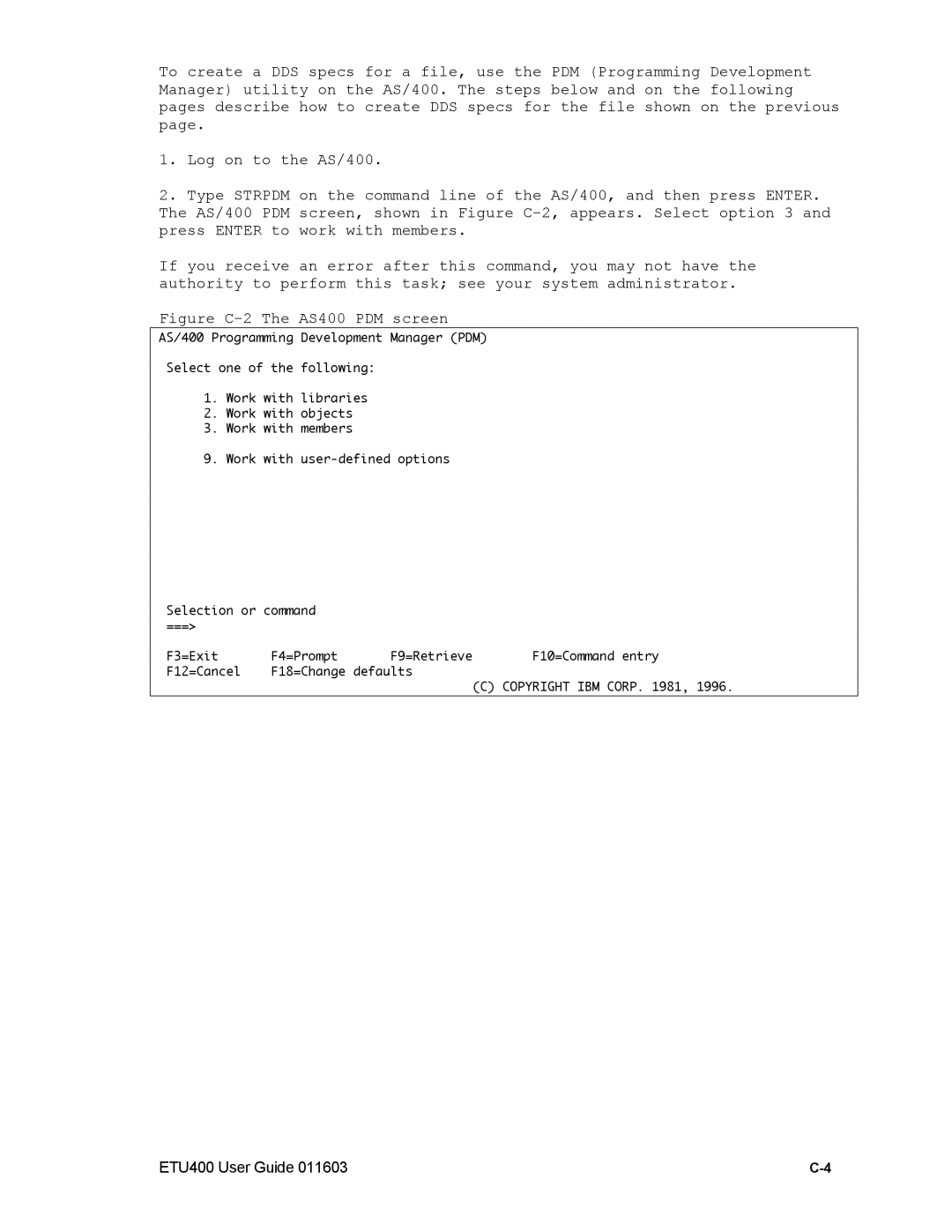 Nlynx ETU400 manual Figure C-2 The AS400 PDM screen 