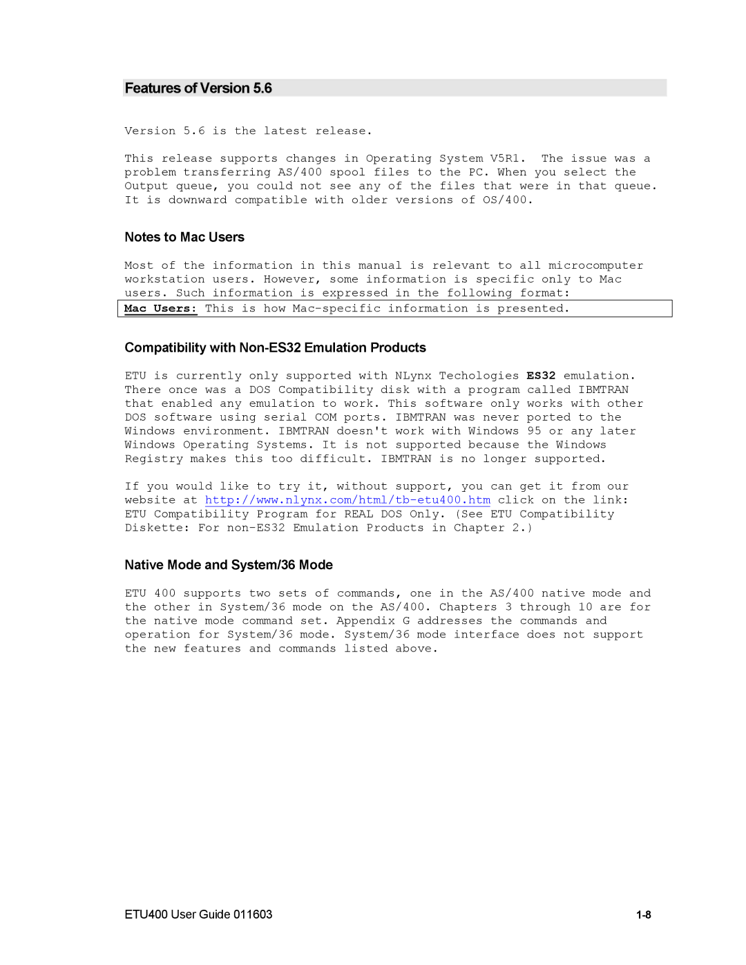 Nlynx ETU400 manual Compatibility with Non-ES32 Emulation Products, Native Mode and System/36 Mode 