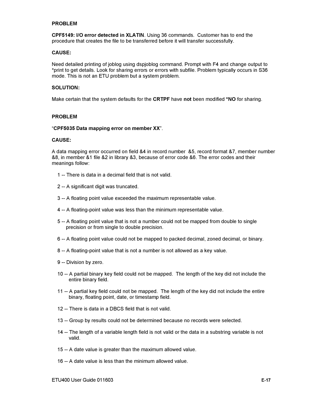 Nlynx ETU400 manual CPF5035 Data mapping error on member 