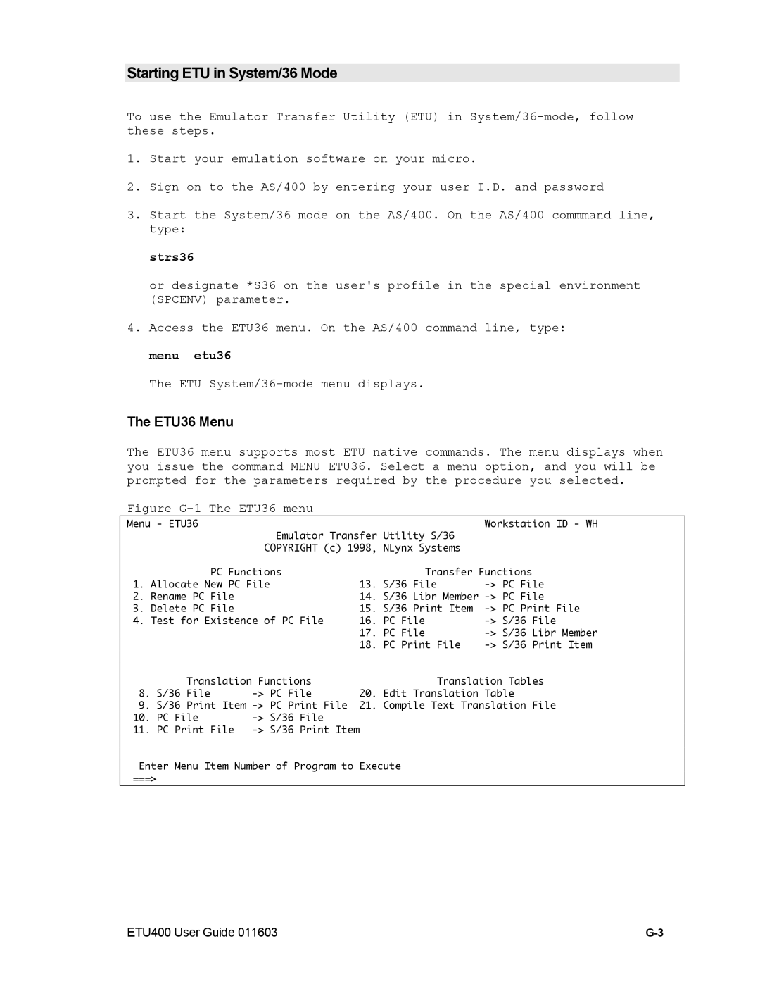 Nlynx ETU400 manual Starting ETU in System/36 Mode, ETU36 Menu, Strs36 