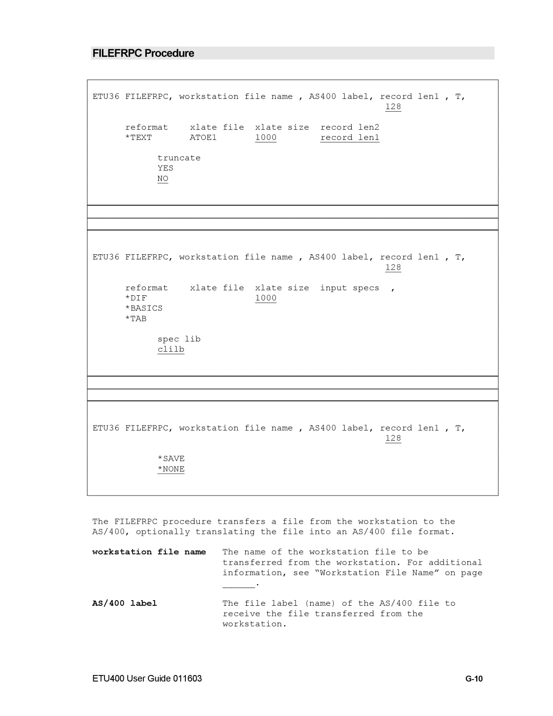 Nlynx ETU400 manual Filefrpc Procedure, Text ATOE1, Basics TAB, Save None, AS/400 label 