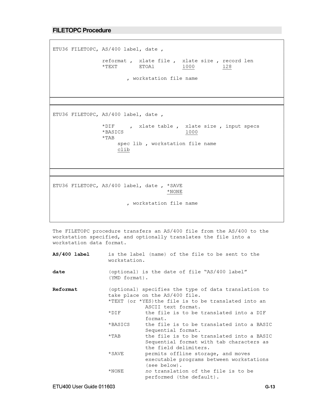 Nlynx ETU400 manual Filetopc Procedure, Text ETOA1, Date 