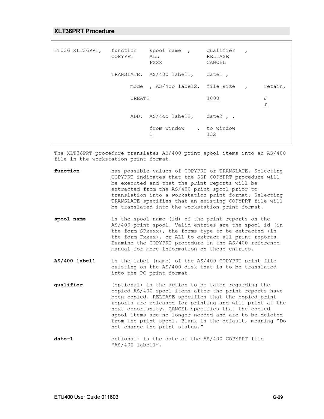 Nlynx ETU400 manual XLT36PRT Procedure, Function, Date-1 