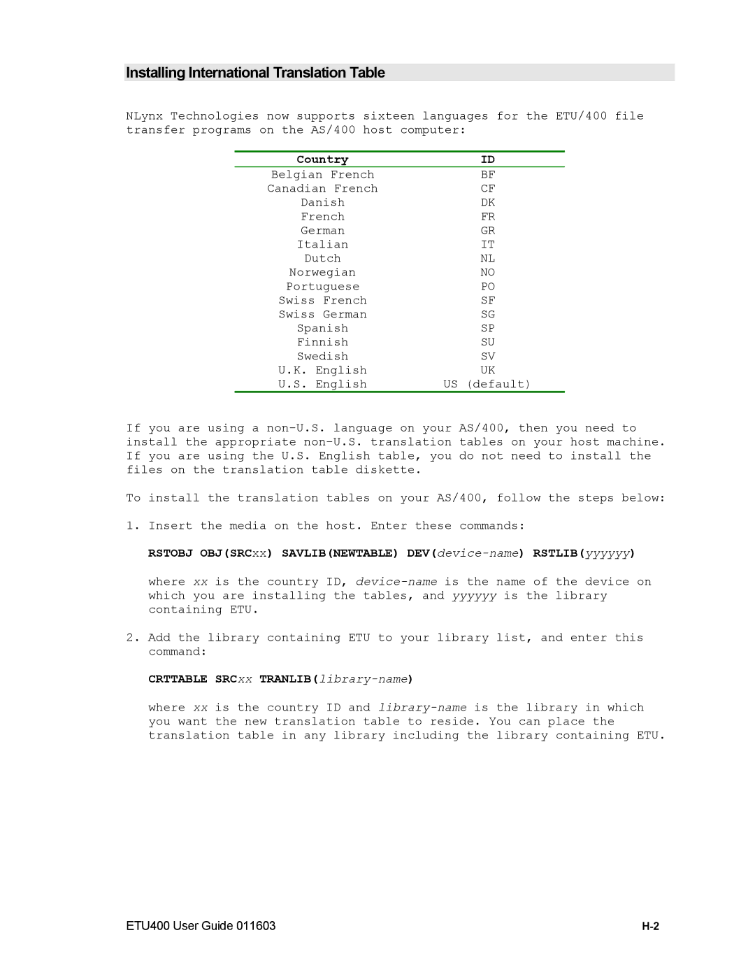 Nlynx ETU400 manual Installing International Translation Table, Country, Crttable SRCxx TRANLIBlibrary-name 