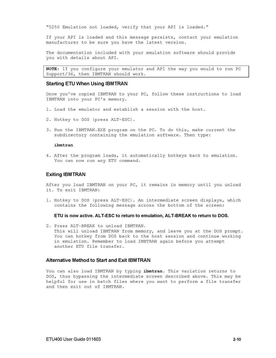 Nlynx ETU400 manual Starting ETU When Using Ibmtran, Exiting Ibmtran, Alternative Method to Start and Exit Ibmtran 