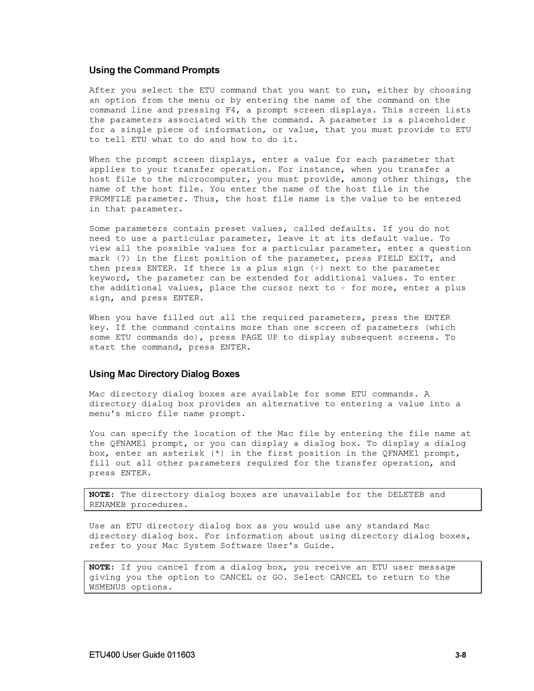 Nlynx ETU400 manual Using the Command Prompts, Using Mac Directory Dialog Boxes 