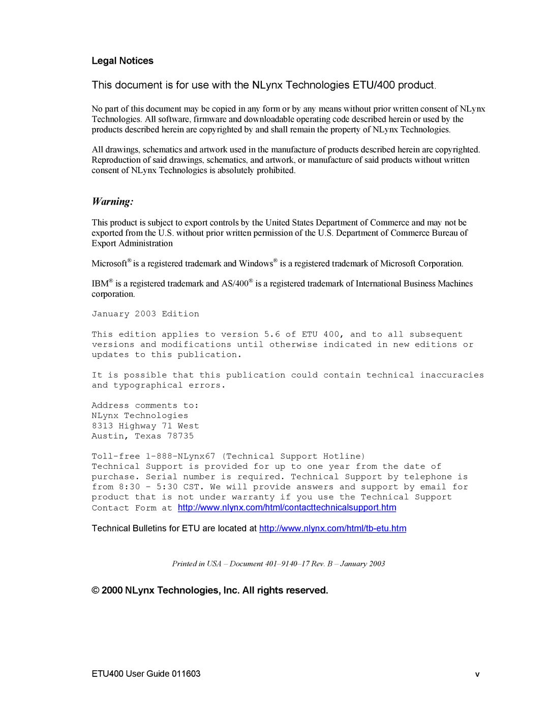 Nlynx ETU400 manual Legal Notices, NLynx Technologies, Inc. All rights reserved 