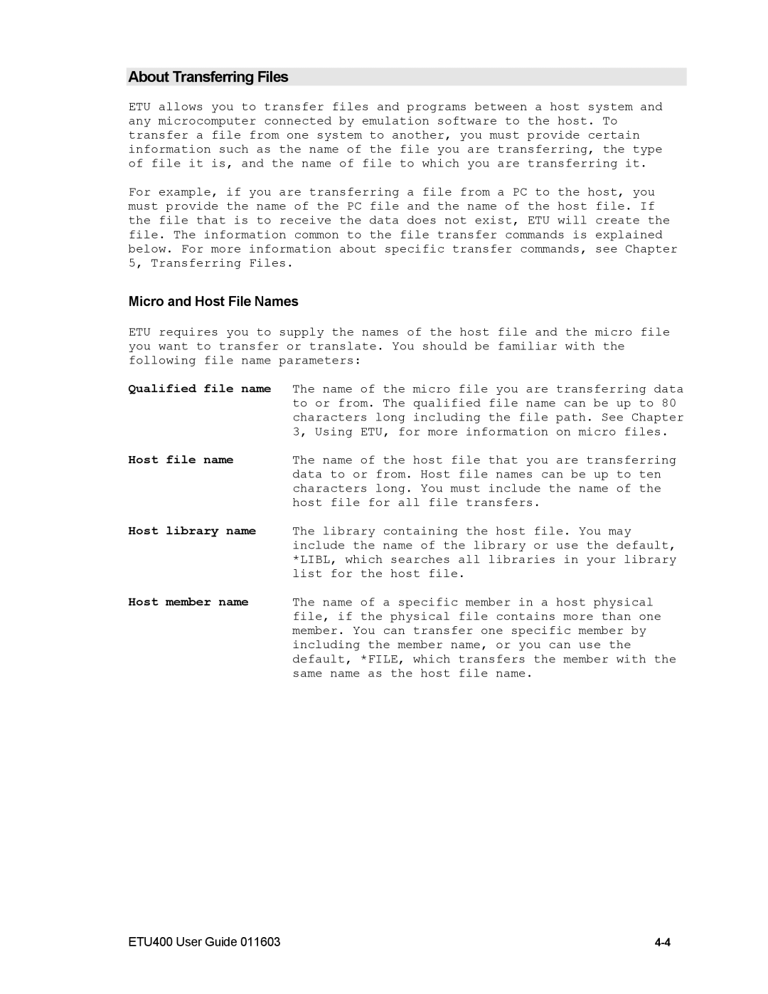 Nlynx ETU400 manual About Transferring Files, Micro and Host File Names 