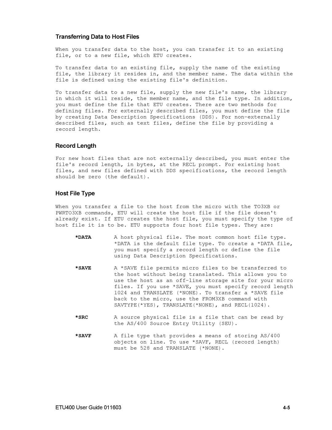 Nlynx ETU400 manual Transferring Data to Host Files, Record Length, Host File Type 