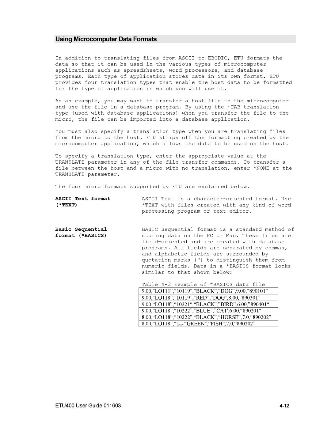 Nlynx ETU400 manual Using Microcomputer Data Formats 