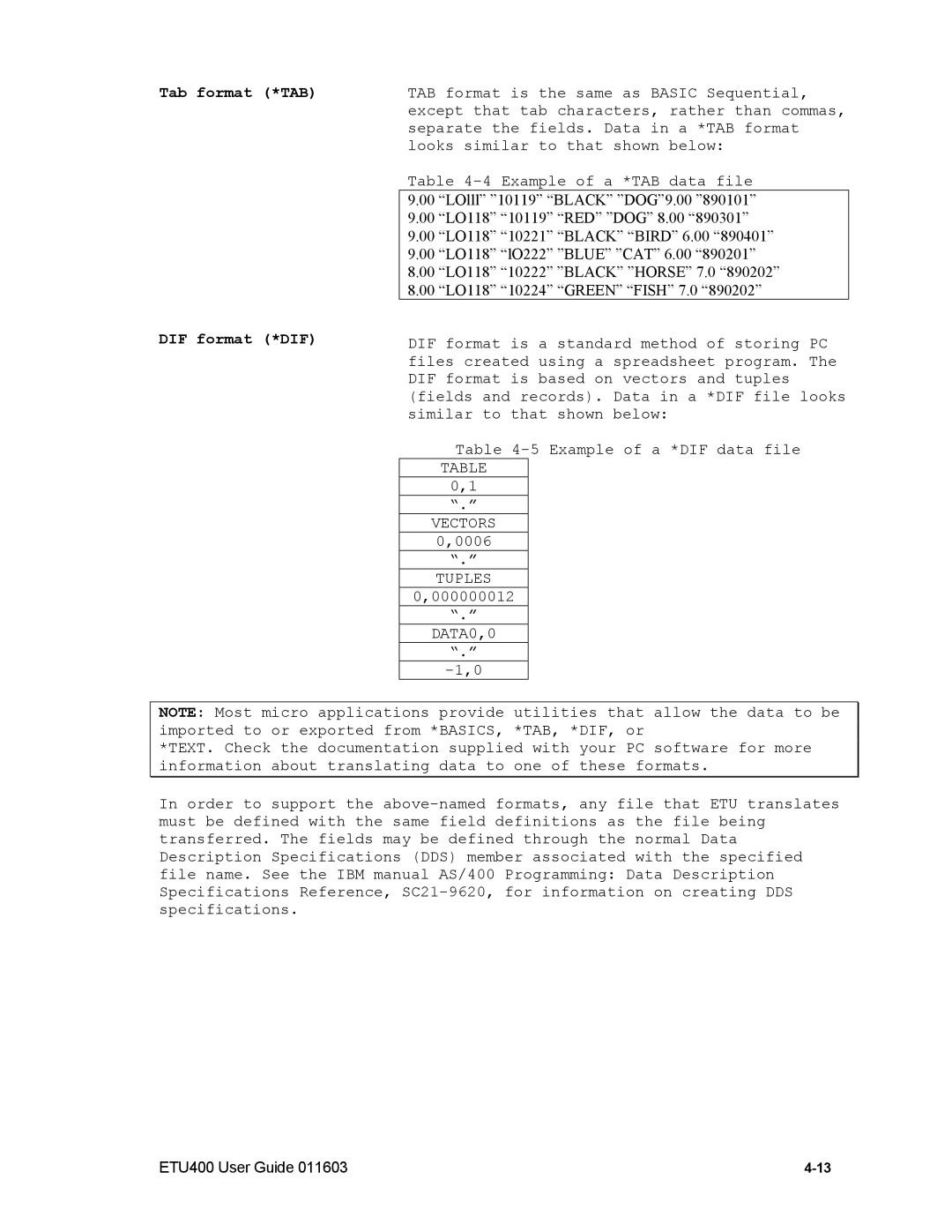 Nlynx ETU400 manual Tab format *TAB DIF format *DIF, Vectors, Tuples, DATA0,0 