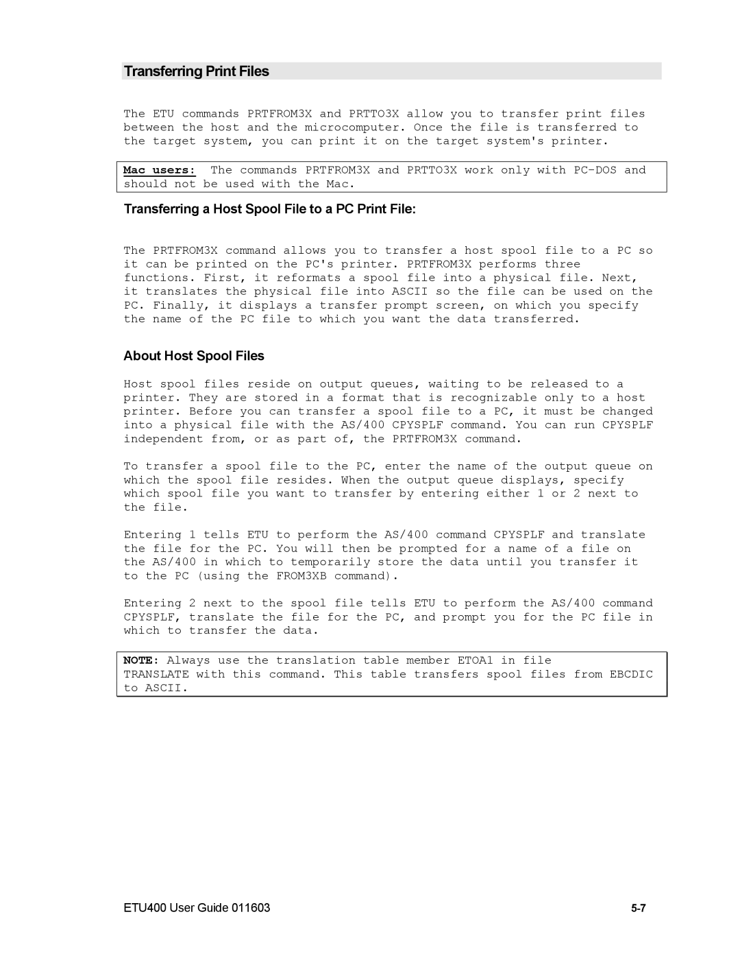 Nlynx ETU400 manual Transferring Print Files, Transferring a Host Spool File to a PC Print File, About Host Spool Files 